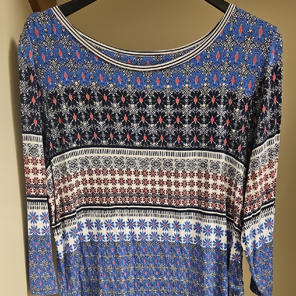 Ruby Rd. Blue and Magenta Pink Geometric 3/4 Length Sleeve Top